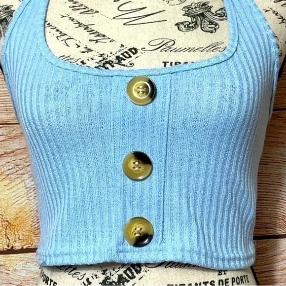 Shein Baby Blue Ribbed 3 Button Halter Top - Picture 3 of 6